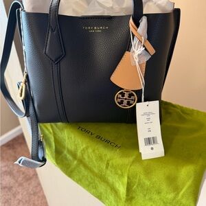 Tory Burch Black Leather Tote with Tan Charm and Gold Logo